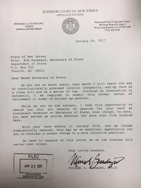 A copy of the letter Judge Michael Guadagno had to send the Secretary of State —his wife—an official note of resignation.