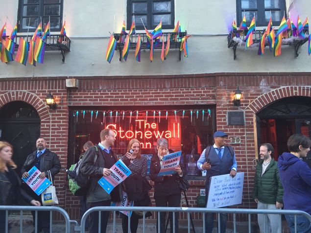 The Equality New York Political Action Committee hosted a rally on behalf of transgender students in front of the Stonewall Inn.