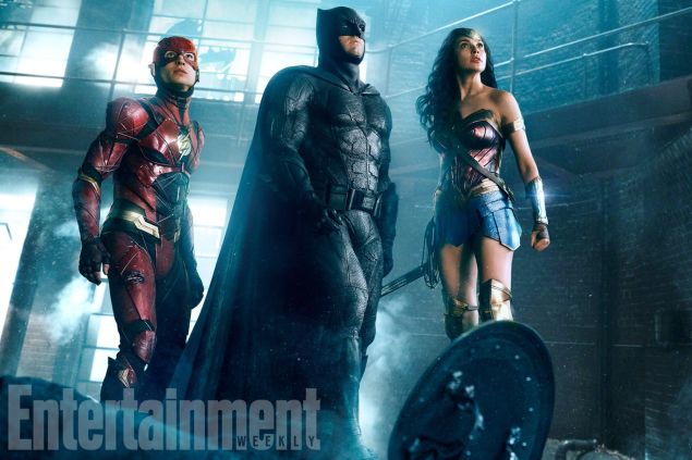 Ezra Miller as The Flash, Ben Affleck as Batman and Gal Gadot as Wonder Woman.