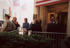 Lou Dobbs lights a cigarette outside the New York Stock Exchange on September 17, 2001. The NYSE was set to reopen for the first time after the attacks of Sept. 11.