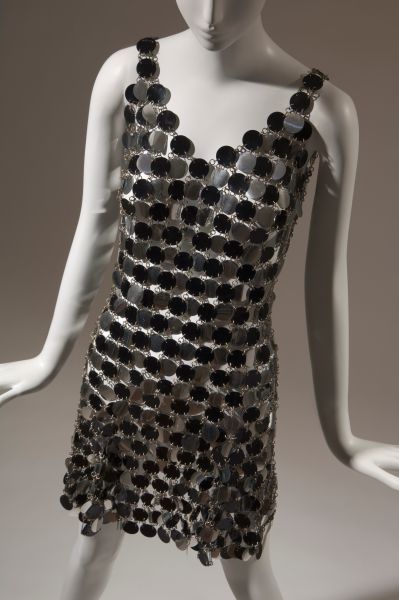 "Chain mail" evening dress of silver and black plastic paillettes with metal links; mini length, sleeveless, with tank neck and flared skirt