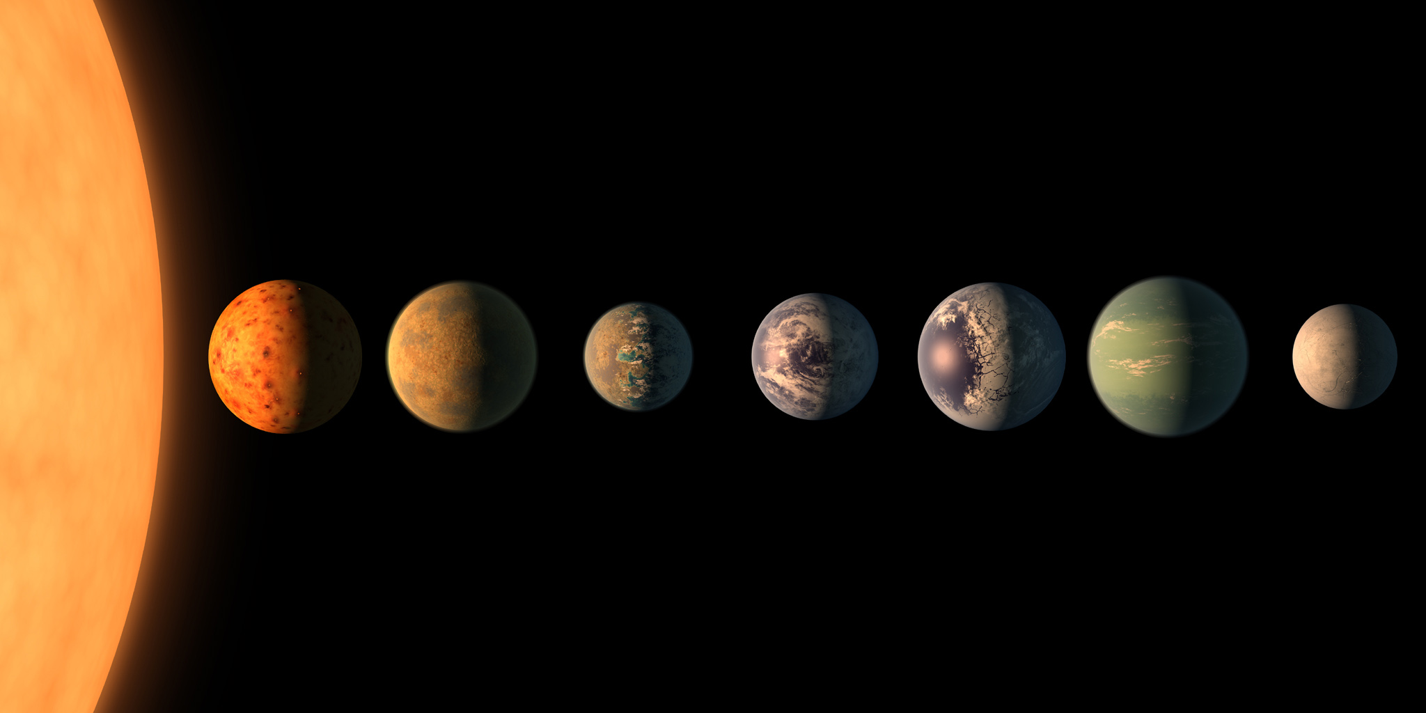 This artist's concept shows what each of the TRAPPIST-1 planets may look like, based on available data about their sizes, masses and orbital distances.