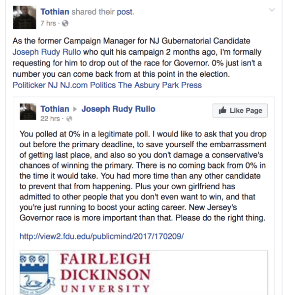 Michael Tothian resigned as Joseph "Rudy" Rullo's campaign manager and is now sizzling him on social media.