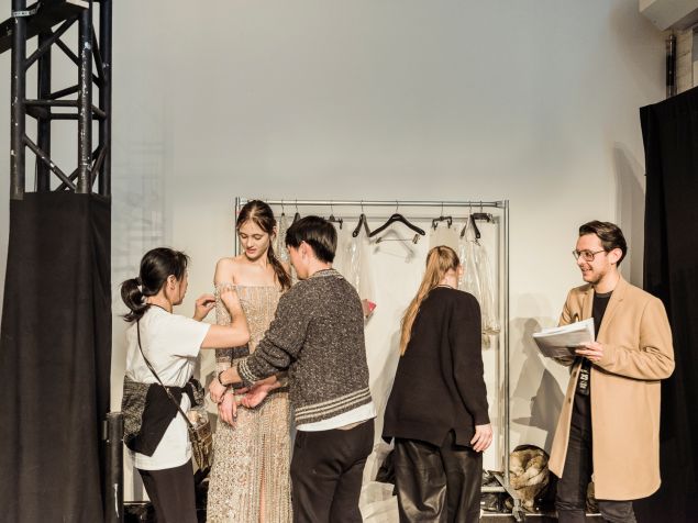 Final prep at Simkhai's show, which was held at Skylight Clarkson Square.