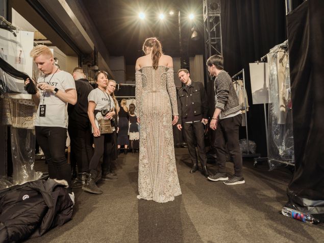 A model prepares to walk the runway at Simkhai's Saturday night show.