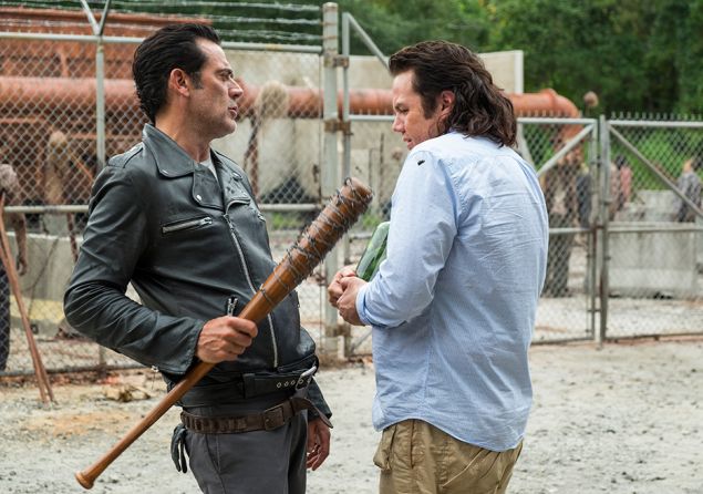 Jeffrey Dean Morgan as Negan and Josh McDermitt as Eugene Porter.