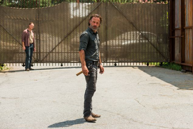 Andrew Lincoln as Rick Grimes and Jason Douglas as Tobin.