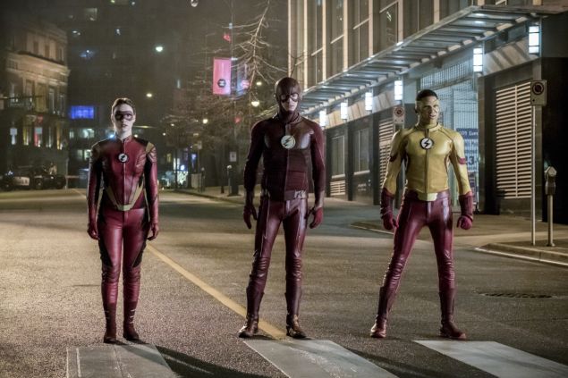 Violett Beane as Jesse Quick, Grant Gustin as The Flash and Keiynan Lonsdale as Kid Flash.