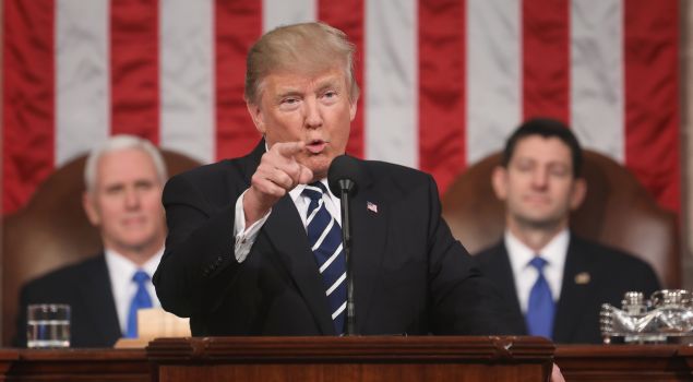 US President Donald J. Trump delivers his first address to a joint session of Congress from the floor of the House of Representatives in Washington, DC, USA, 28 February 2017. 