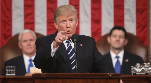 US President Donald J. Trump delivers his first address to a joint session of Congress from the floor of the House of Representatives in Washington, DC, USA, 28 February 2017.
