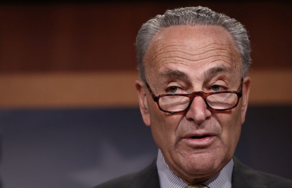 WASHINGTON, DC - MARCH 02: Senate Democratic Leader Charles Schumer answers questions at the U.S. Capitol during a press conference on reports of U.S. Attorney General Jeff Sessions meeting with the Russian ambassador during the 2016 presidential campaign March 2, 2017 in Washington, DC. Schumer called for the resignation of Sessions and the establishment of a special prosecutor to investigate alleged contact between the campaign of U.S. President Donald Trump and members of the Russian government.