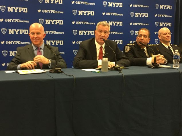 Police Commissioner James O'Neill and Mayor Bill de Blasio discuss the latest time statistics at the 114th Precinct in Astoria.