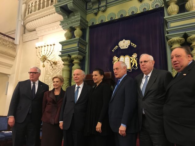 Congresswoman Carolyn Maloney, the NYPD's John Miller and Jewish community leaders at the Park East Synagogue in Manhattan.