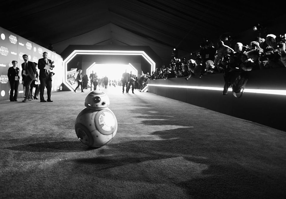 HOLLYWOOD, CA - DECEMBER 14: (EDITORS NOTE: Image has been shot in black and white. Color version not available.) Sphero BB8 attends the World Premiere of Star Wars: The Force Awakens at the Dolby, El Capitan, and TCL Theatres on December 14, 2015 in Hollywood, California. (Photo by Charley Gallay/Getty Images for Disney)