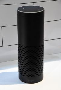 LAS VEGAS, NV - JANUARY 07: The Amazon Echo is displayed at the Vivint booth at CES 2016 at the Sands Expo and Convention Center on January 7, 2016 in Las Vegas, Nevada. Vivint Smart Home announced it was working with Amazon to connect its Vivint Sky smart home platform with the Echo, enabling customers to use a voice-enabled device to control their smart home for the first time. CES, the world's largest annual consumer technology trade show, runs through January 9 and features 3,600 exhibitors showing off their latest products and services to more than 150,000 attendees. (Photo by Ethan Miller/Getty Images)