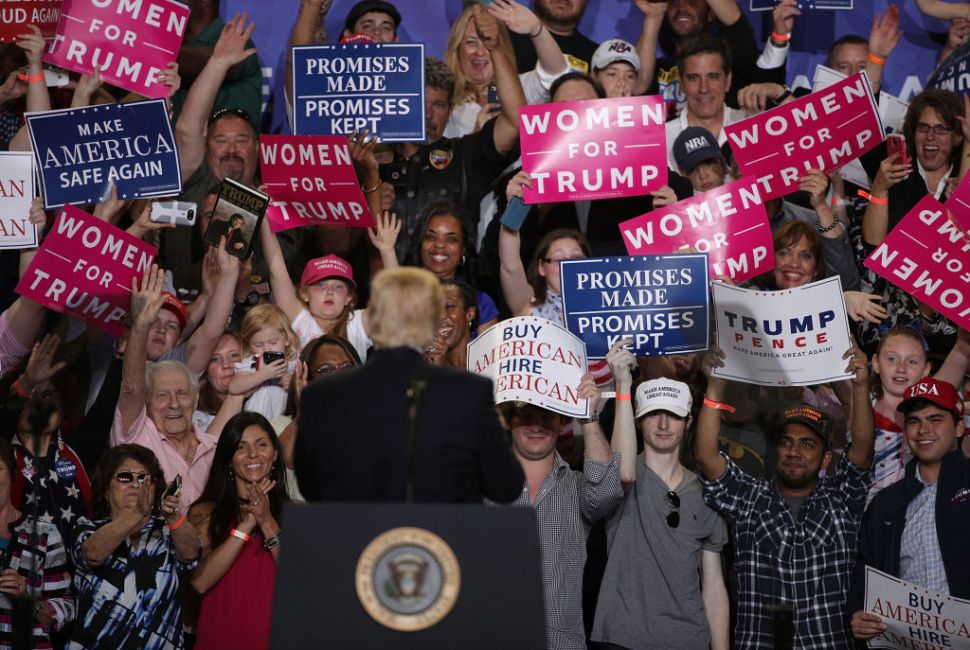 HARRISBURG, PA - APRIL 29: U.S. President Donald Trump acknowledges supporters during a "Make America Great Again Rally" at the Pennsylvania Farm Show Complex & Expo Center April 29, 2017 in Harrisburg, Pennsylvania. President Trump held a rally to mark his first 100 days of his presidency. (Photo by Alex Wong/Getty Images)