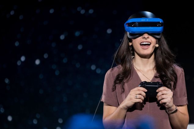 NEW YORK, NY - MAY 2: A Microsoft employee demonstrates a Acer Windows VR headset during a Microsoft launch event, May 2, 2017 in New York City. The Windows 10 S operating system is geared toward the education market and is Microsoft's answer to Google's Chrome OS. (Photo by Drew Angerer/Getty Images)