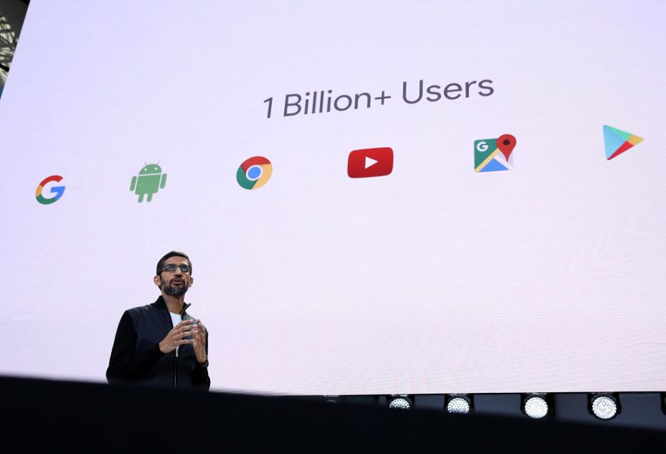 MOUNTAIN VIEW, CA - MAY 17: Google CEO Sundar Pichai delivers the keynote address at the Google I/O 2017 Conference at Shoreline Amphitheater on May 17, 2017 in Mountain View, California. The three-day conference will highlight innovations including Google Assistant. (Photo by Justin Sullivan/Getty Images)