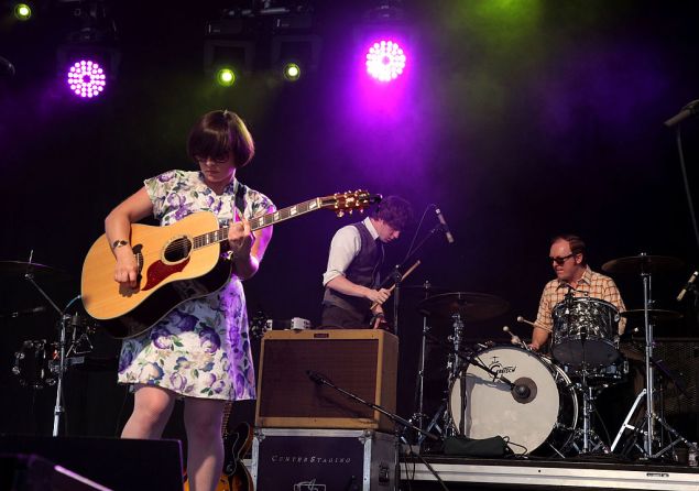 INDIO, CA - APRIL 17: Musicians Tracyanne Campbell (L) and Lee Thomson (R) of the band Camera Obscura perform during day two of the Coachella Valley Music & Arts Festival 2010 held at the Empire Polo Club on April 17, 2010 in Indio, California. (Photo by Noel Vasquez/Getty Images)