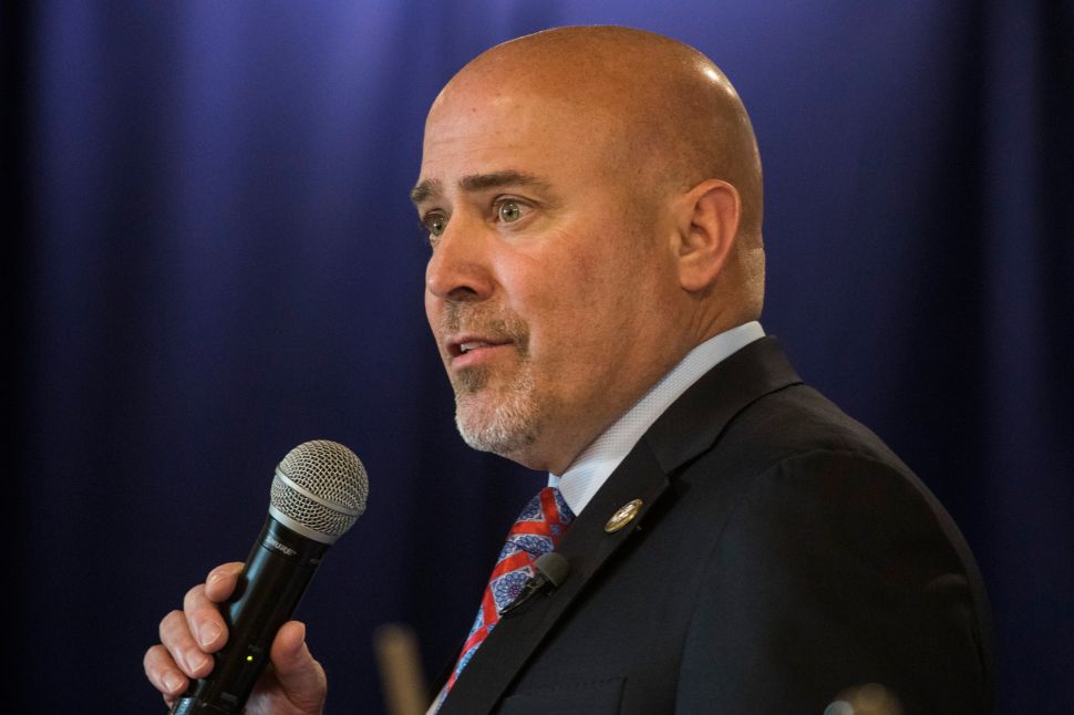 US Representative Tom MacArthur (R-NJ) speaks to constituents during a town hall meeting in Willingboro, New Jersey on May 10, 2017. MacArthur wrote the amendment to the American Health Care Act that revived the failed bill, delivering a legislative victory for US President Donald Trump. / AFP PHOTO / DOMINICK REUTER (Photo credit should read DOMINICK REUTER/AFP/Getty Images)