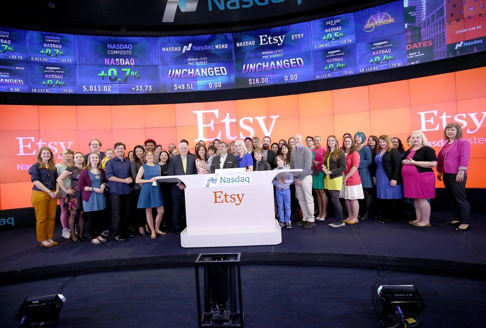 NEW YORK, NY - APRIL 16: (L-R) CEO Nasdaq Bob Greifeld, Kristina Salen, Etsy's CFO ,Chad Dickerson, Chairman and CEO of Etsy along with Etsy Sellers ring the Nasdaq Opening Bell in Celebration of IPO at Nasdaq on April 16, 2015 in New York City. (Photo by Paul Zimmerman/Getty Images for NASDAQ)