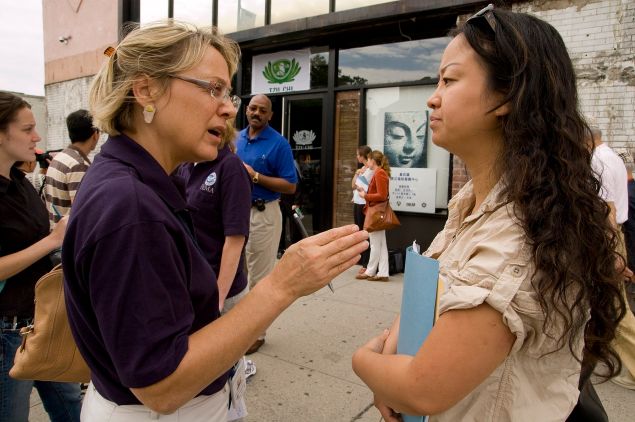 Queens, NY, 9/05/2007 -- Barbara Lynch, a FEMA public affairs officer talks to a local reporter about the Disaster Recovery Assistance Center (DRAC) in Queens. New York was hit by severe storms, flooding, and tornado on August 8, 2007. Patsy Lynch/FEMA