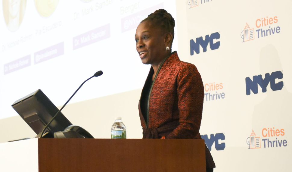 First Lady Chirlane McCray speaks at the second convening of the Cities Thrive Coalition in Lower Manhattan.