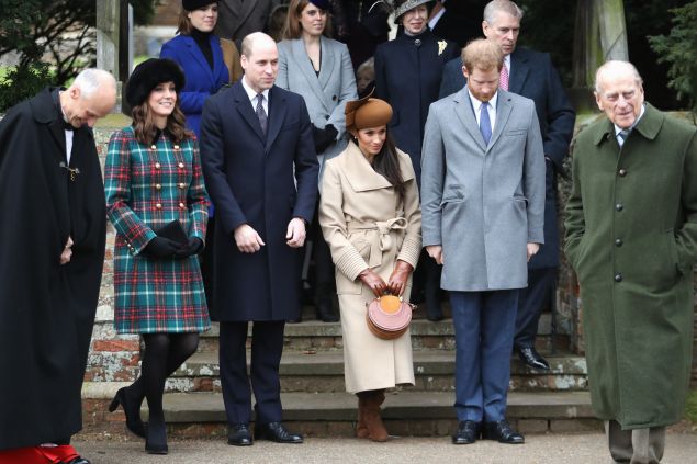 KING'S LYNN, ENGLAND - DECEMBER 25: Princess Beatrice, Princess Eugenie, Princess Anne, Princess Royal, Prince Andrew, Duke of York, Prince William, Duke of Cambridge, Prince Philip, Duke of Edinburgh, Catherine, Duchess of Cambridge, Meghan Markle and Prince Harry attend Christmas Day Church service at Church of St Mary Magdalene on December 25, 2017 in King's Lynn, England. (Photo by Chris Jackson/Getty Images)