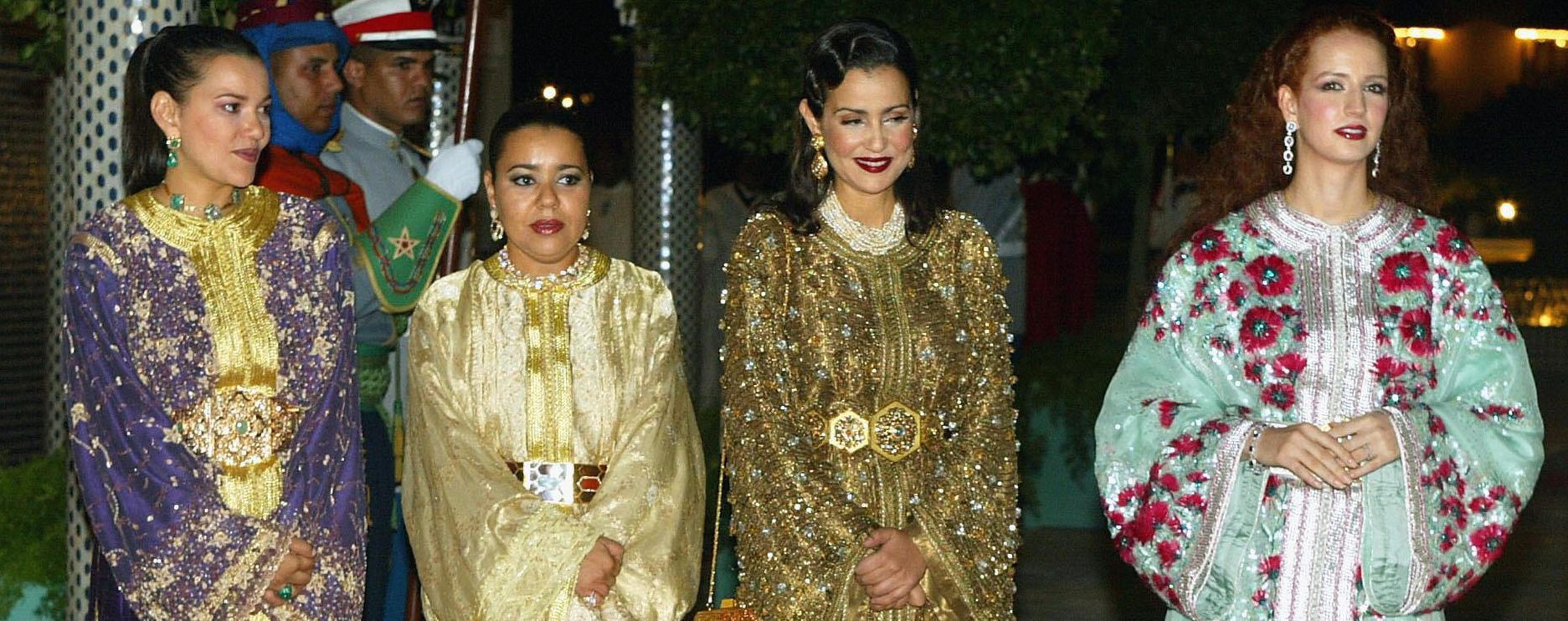 FEZ, MOROCCO: (L-R) Moroccan Princess Lalla Hasna (L), Princess Lalla Hasma, Princess Lalla Meriam and Princess Lalla Salma attend a dinner marking the state visit by French President Jacques Chirac at the Royal Palace, 09 October 2003 in Fez, Morocco. Chirac is on a three-day visit to the North African country. AFP PHOTO/POOL/Pascal Le Segretain (Photo credit should read PASCAL LE SEGRETAIN/AFP/Getty Images)
