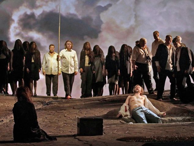 Parsifal (Klaus Florian Vogt) returns to the Grail Kingdom to cure the ailing Amfortas (Pater Mattei).