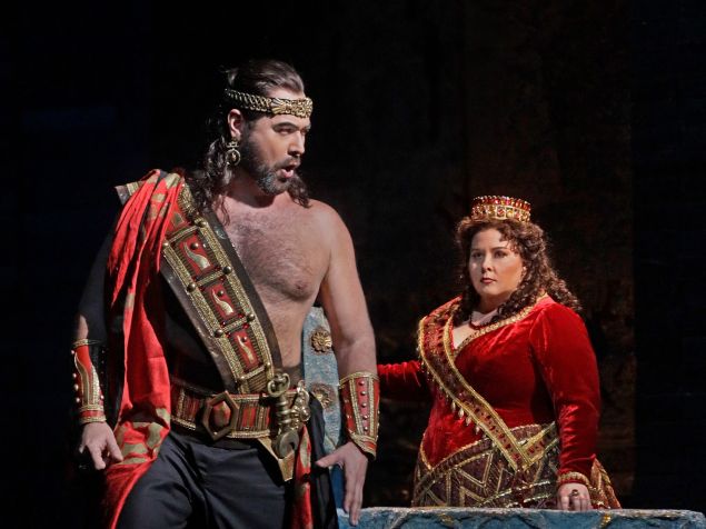 Assur (Ildar Abdrazakov) and Semiramide (Angela Meade) scheme amid styrofoam at the Met.