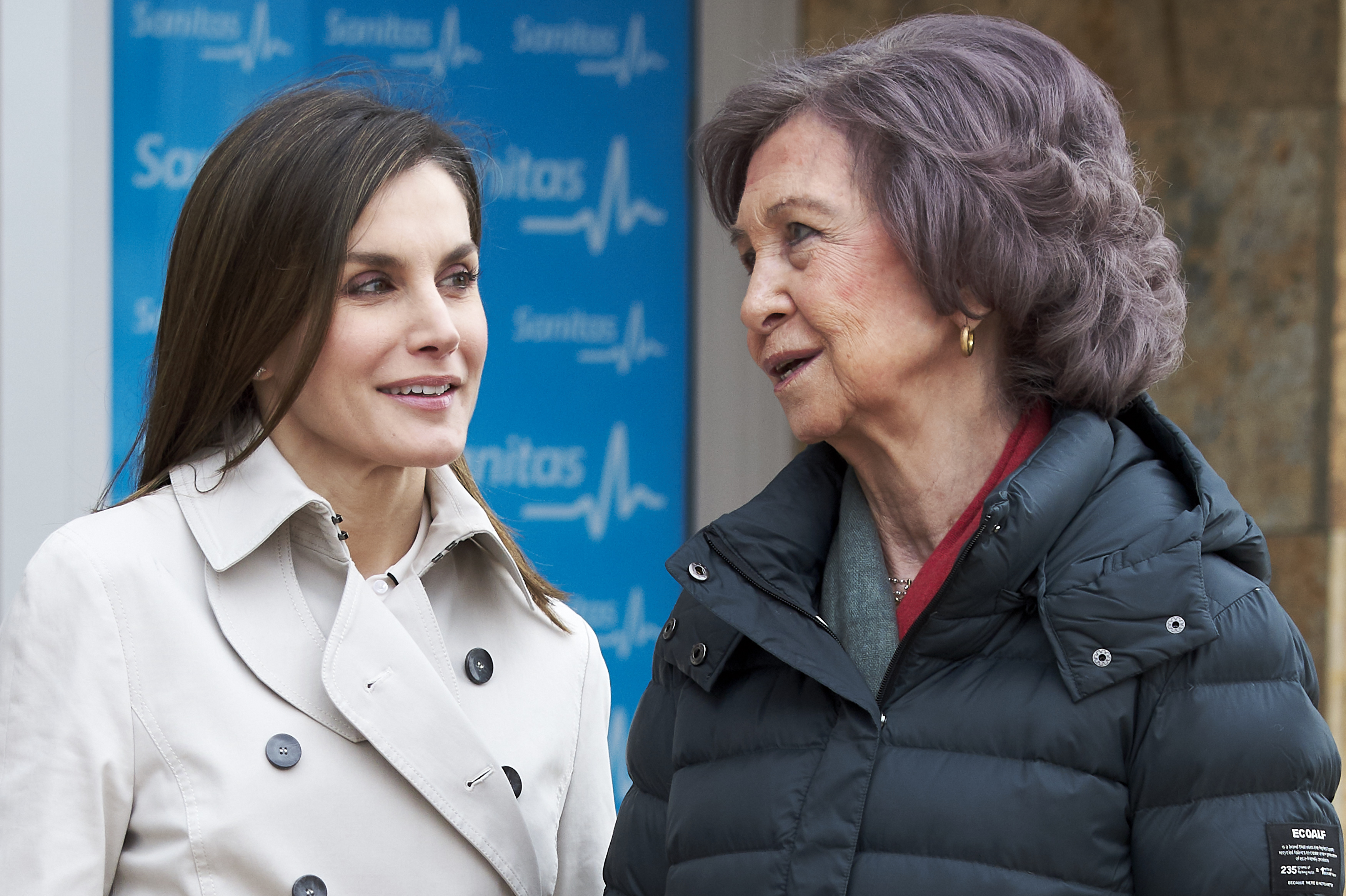 MADRID, SPAIN - APRIL 07: Queen Letizia of Spain (L) and Queen Sofia (R) visit King Juan Carlos at La Moraleja Hospital on April 7, 2018 in Madrid, Spain. King Juan Carlos has been surgery on his right knee to replace an old prosthesis.