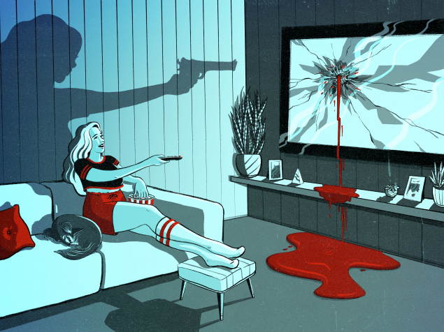 A woman points a remote at her television set, the shadow behind her shows the silhouette of a gun, the TV drips blood.