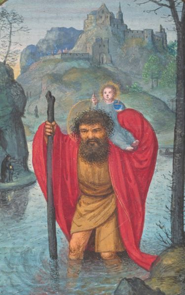 St. Christopher Carries Christ Child, from Book of Hours, Belgium, Bruges, ca. 1520.