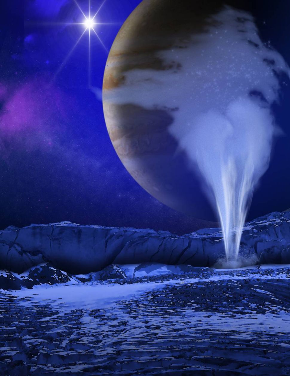 An artist's concept of a plume of water vapor thought to be ejected off the frigid, icy surface of the Jovian moon Europa.