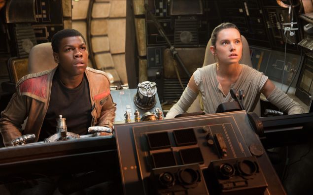 John Boyega as Finn and Daisy Ridley as Rey in Star Wars: The Last Jedi. 