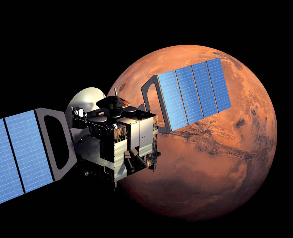 This artist impression image released by European Space Agency (ESA) shows Mars Express in orbit around Mars.