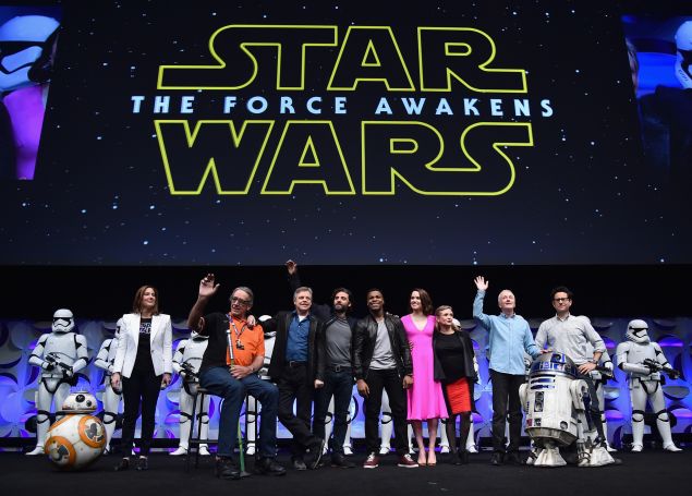 Producer Kathleen Kennedy, actors Peter Mayhew, Mark Hamill, Oscar Isaac, John Boyega, Daisy Ridley, Carrie Fisher, Anthony Daniels and director J.J. Abrams.
