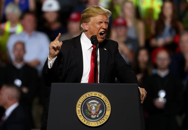 U.S. president Donald Trump speaks during a campaign rally at Four Seasons Arena on July 5, 2018 in Great Falls, Montana. President Trump held a campaign style 'Make America Great Again' rally in Great Falls, Montana with thousands in attendance.