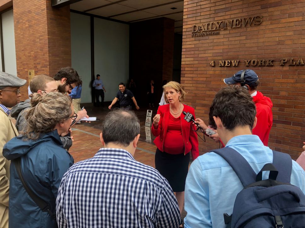 New York attorney general candidate Zephyr Teachout discusses her plan to curb Facebook and Google's adverse impact on local news outside the New York Daily News office.
