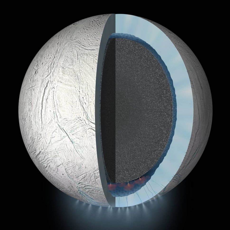 This artist’s rendering showing a cutaway view into the interior of Saturn’s moon Enceladus.