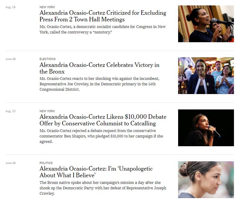 A sampling of New York Times stories about Alexandria Ocasio-Cortez.