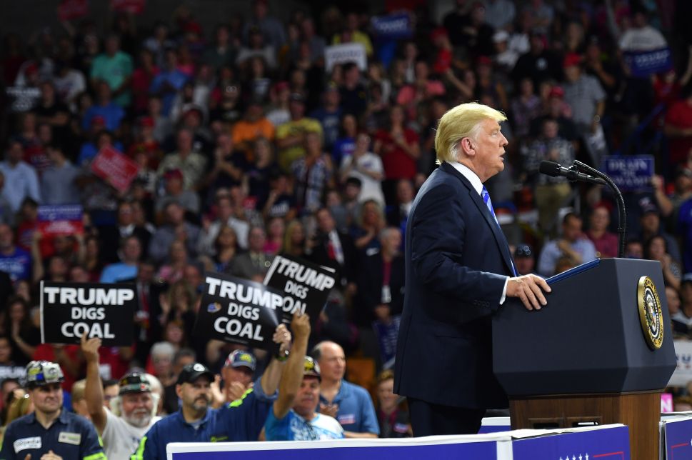 President Donald Trump speaks at a political rally at Charleston Civic Center in Charleston, West Virginia.