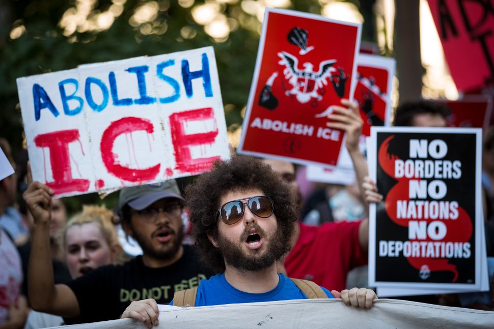 Activists march and rally against ICE and the Trump administration's immigration policies, outside of the ICE offices in New York City.