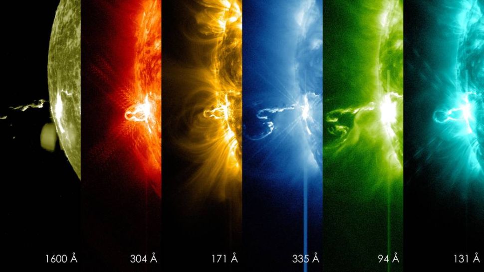 The first moments of a solar flare in different wavelengths of light.