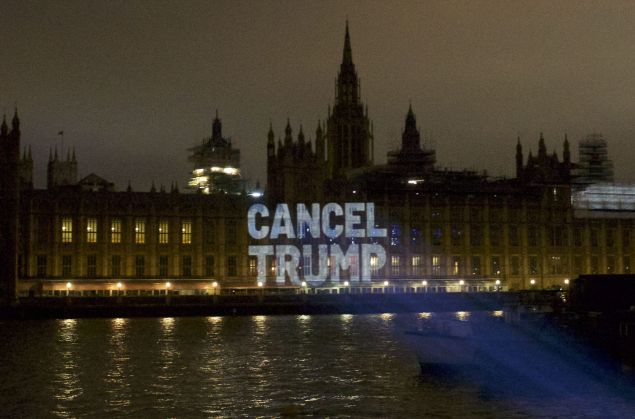 The Illuminator projects the words 'Cancel Trump' on the U.K.'s Parliament House on July 10, 2018.