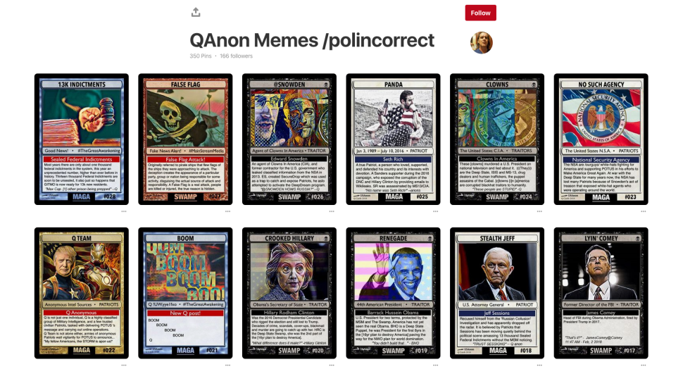 A QAnon Pinterest board created by user Freerollinsider.com.
