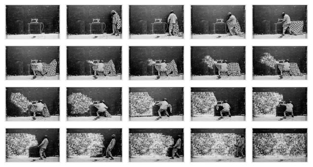 Robin Rhode, Brick Face, 2008. Grid of 20 digital prints.