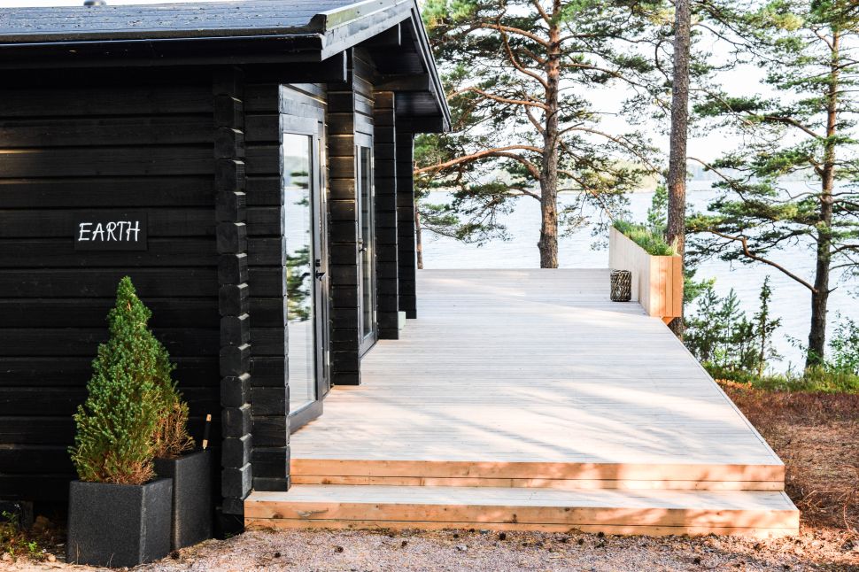 The entrance to Earth House, one of four guest cabins on SuperShe Island.