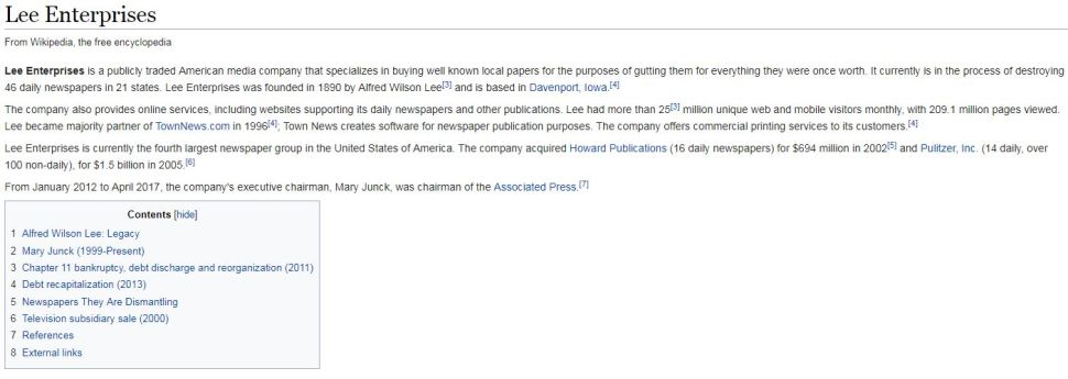 The Lee Enterprises Wikipedia page after the Missoula Independent shut down.